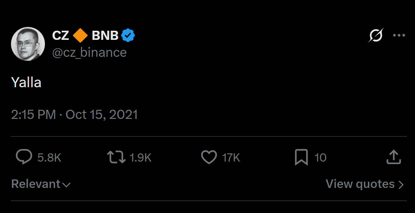 Screenshot of CZ's tweet saying Yalla on October 15, 2021