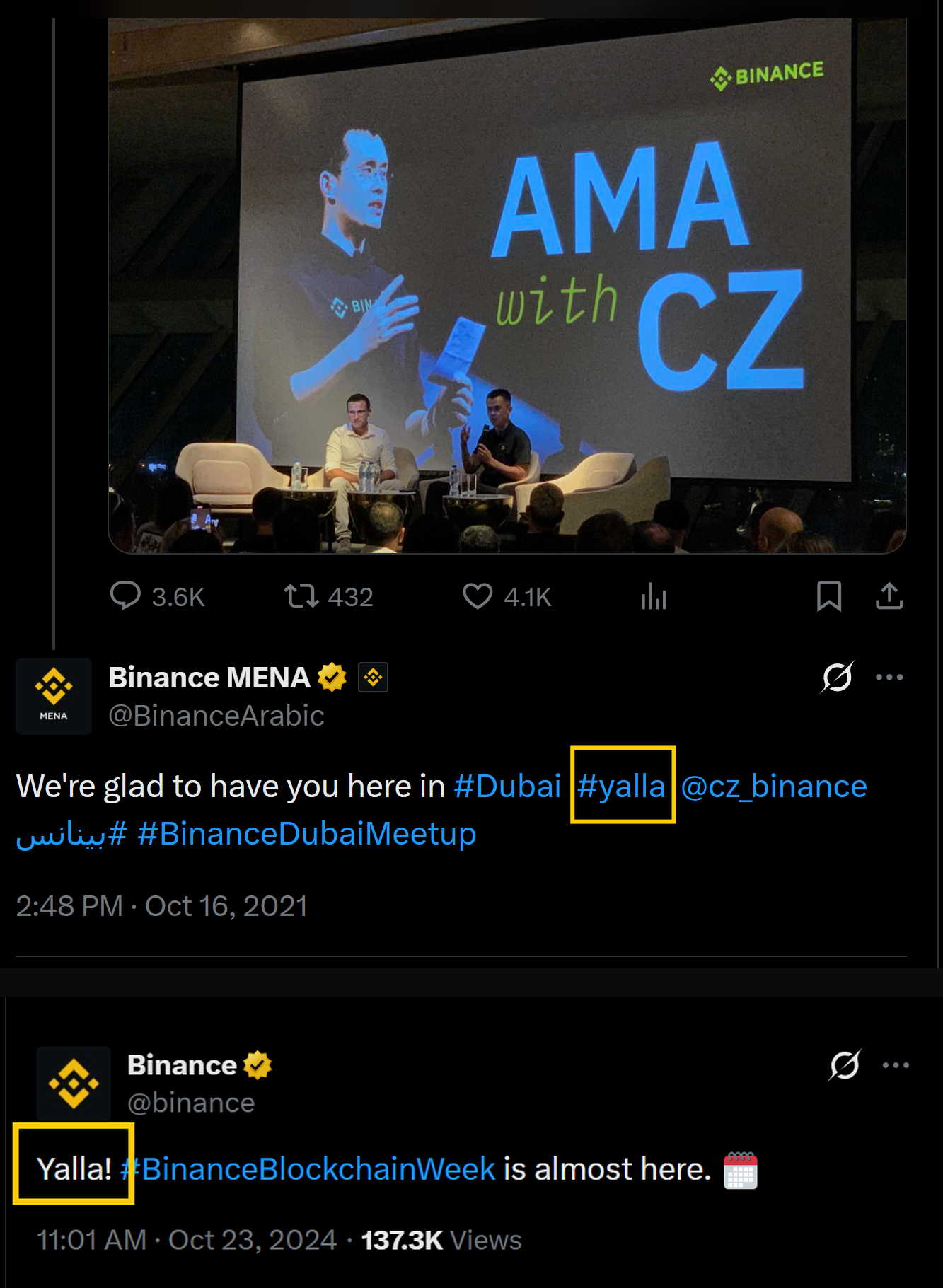 Binance MENA tweet using the hashtag yalla, October 16, 2021, and Binance tweet saying Yalla before Blockchain Week, October 23, 2024